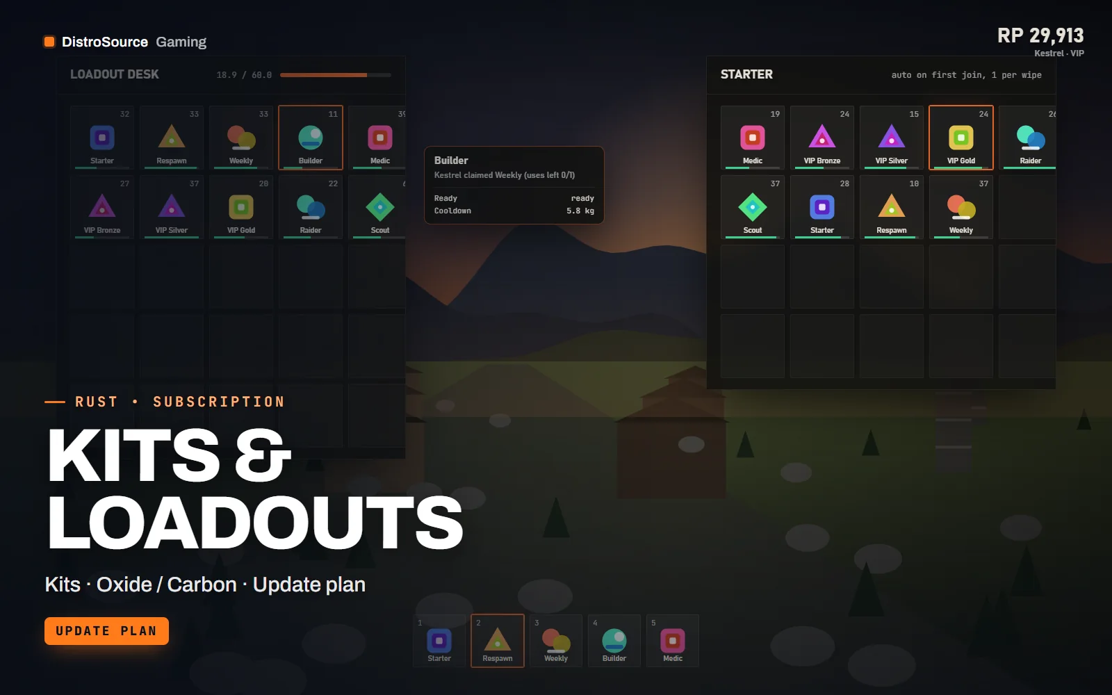In-game kit menu showing a grid of kits with item icons, cooldown timers and uses left per wipe, a VIP badge on two kits, over a patrol road at dusk
