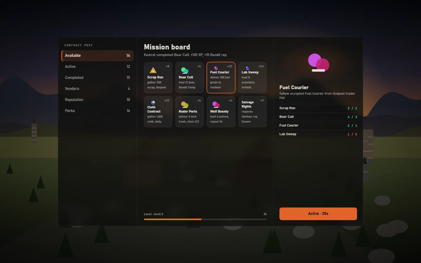 In-game progress panel showing an active delivery mission with objective counters, XP bar, faction reputation meters and the perk list unlocked so far