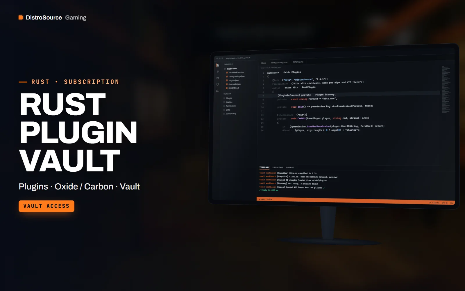 Code editor showing the kits plugin source in C# with a file tree of vault plugins on the left and the compile log at the bottom, over a blurred warehouse