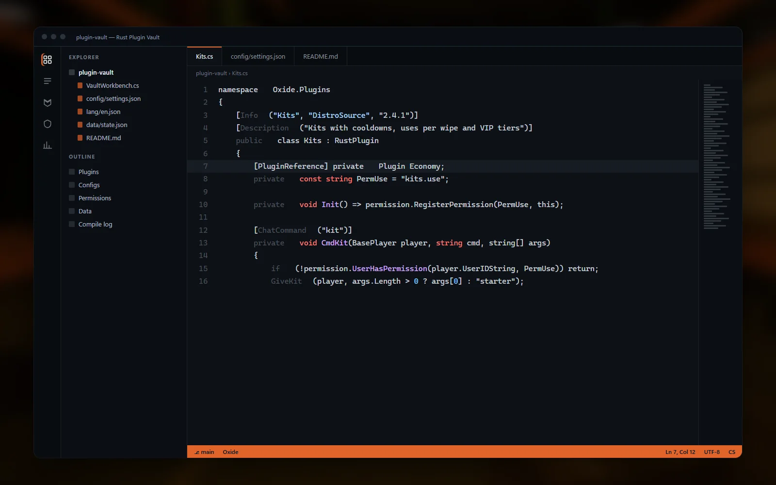 Editor view of the shop plugin JSON config with categories, prices and permission keys, the vault file tree beside it and the Rust build tag in the status bar