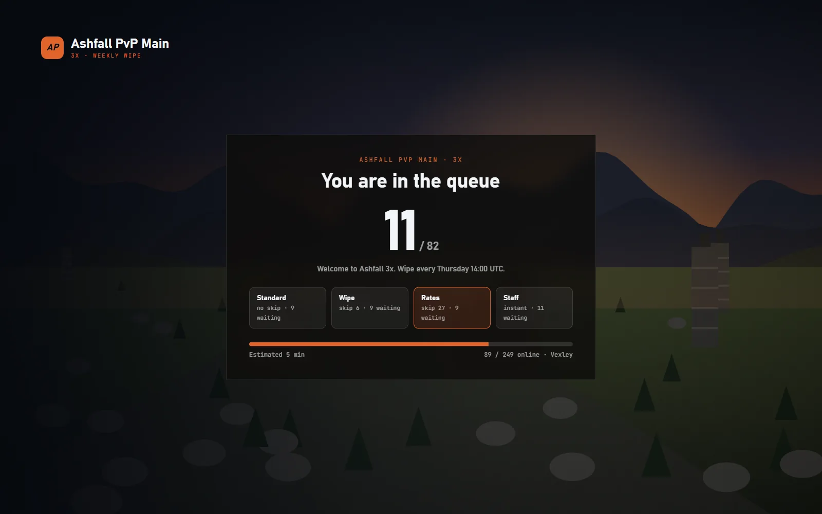 Queue screen with position, estimated wait and three priority tiers, over the same night compound backdrop
