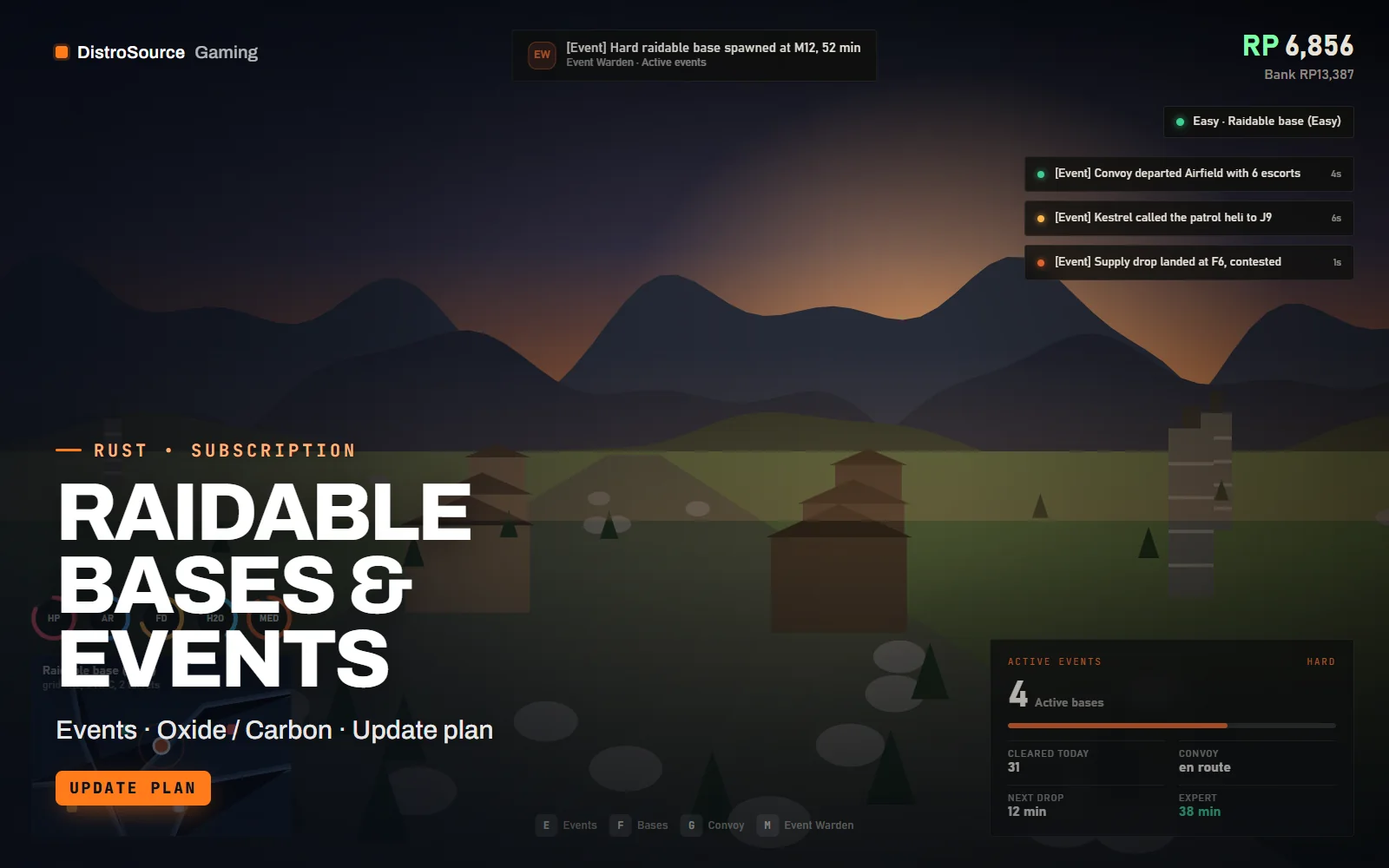In-game HUD with an event banner announcing a hard raidable base, a map marker compass strip, the player's status bars and a notification feed, over a night-time road