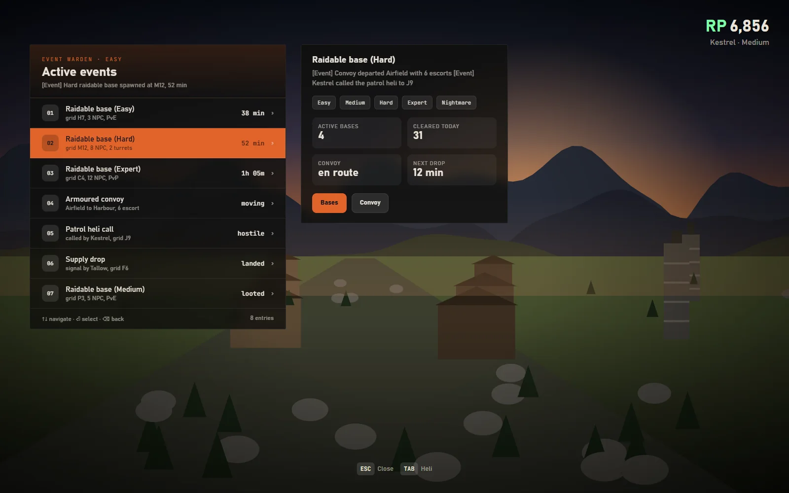 In-game event menu listing active bases, the convoy route and the next supply drop with time left, difficulty tags and a join or track button per row