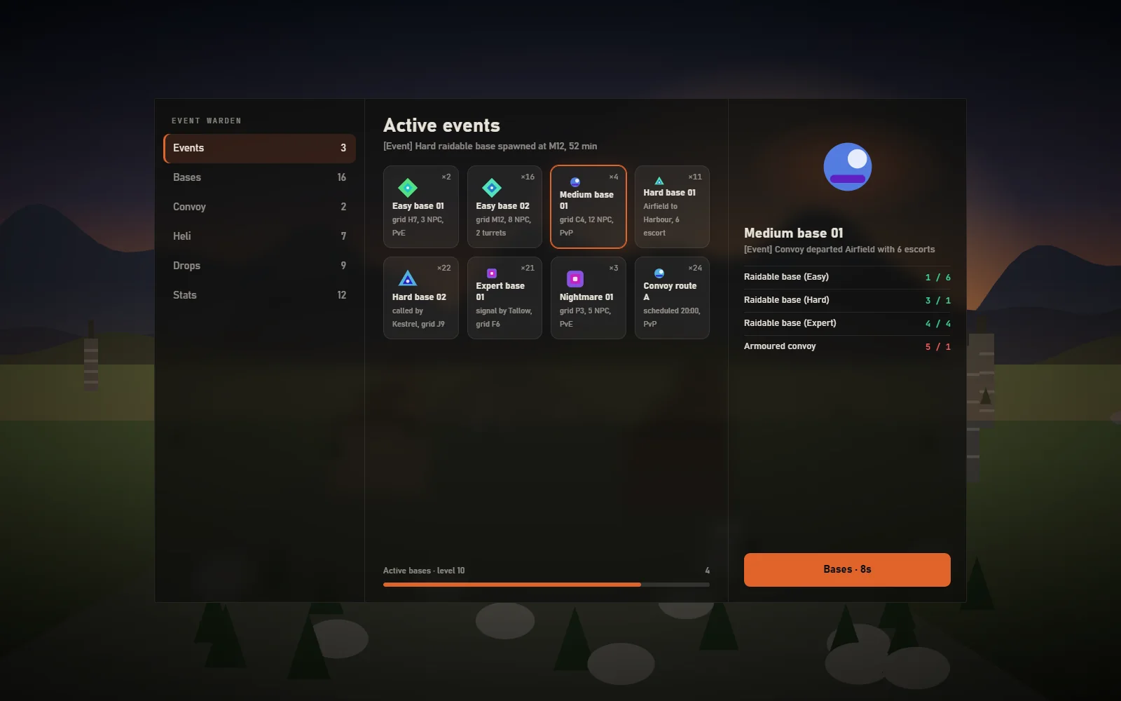 Event stats panel showing bases cleared per tier, convoy outcomes, heli calls and a loot summary for the current wipe
