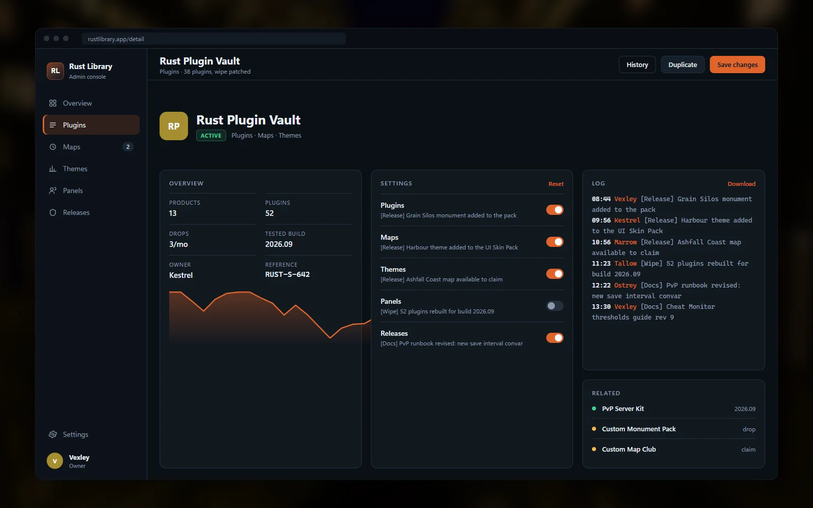 Single product page inside the bundle library showing files, version notes, the tested build and a change log with wipe-day entries