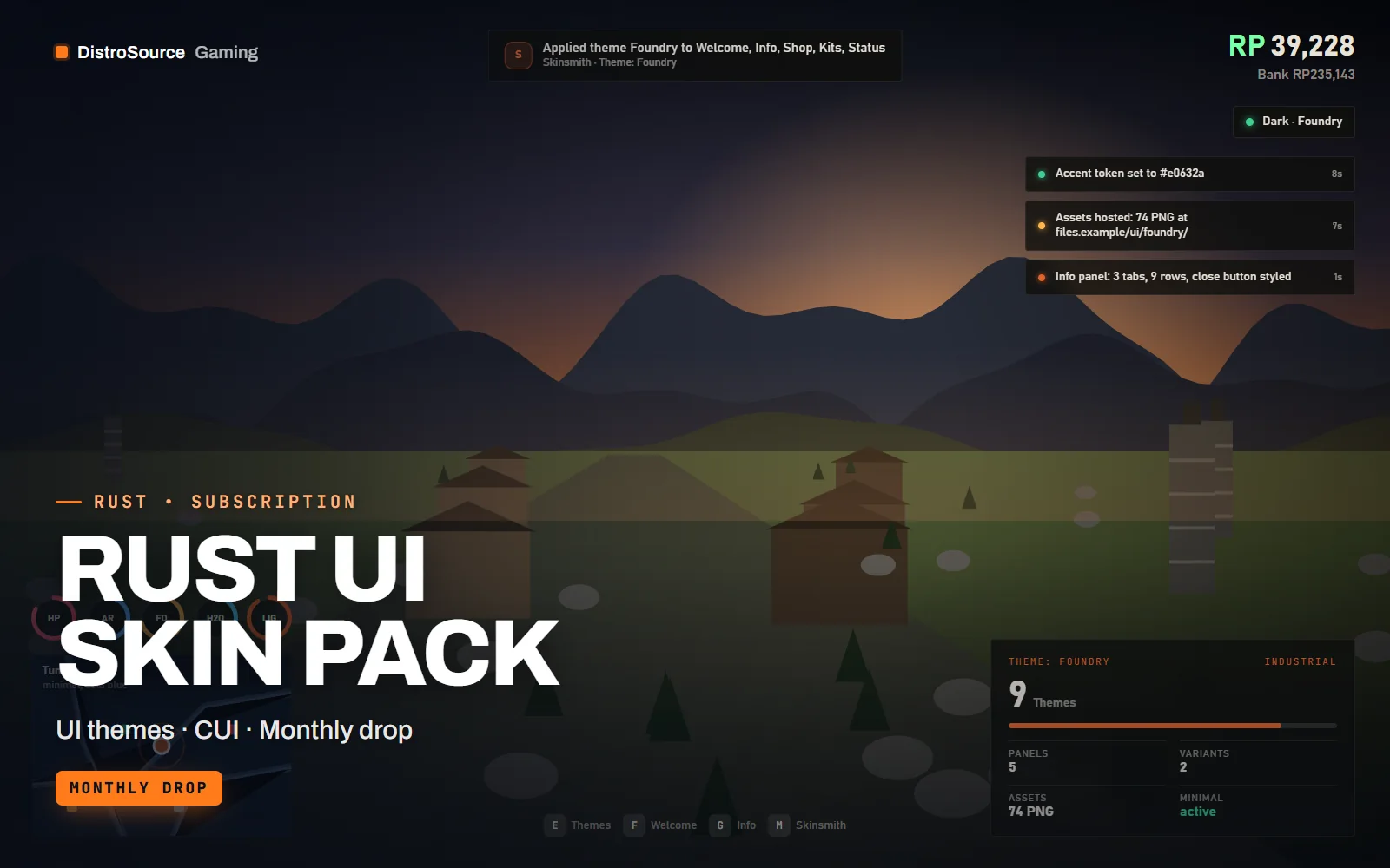 In-game HUD with the themed server status overlay, a welcome banner in a rust-orange industrial style and a notification strip, over a stream-lit compound