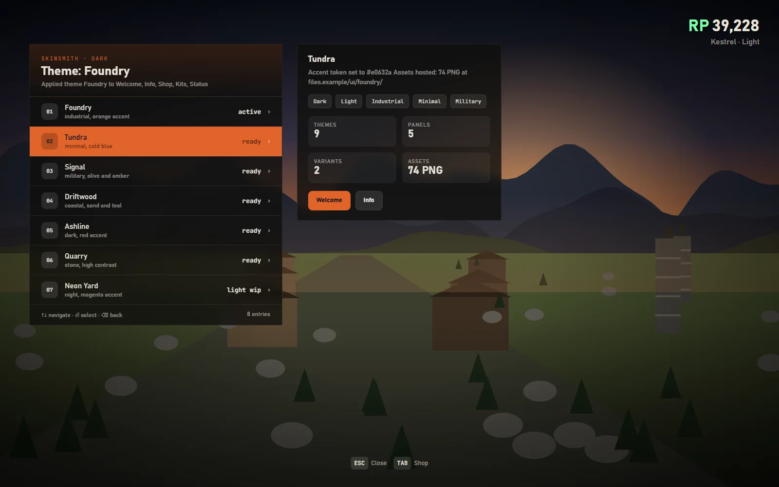 Themed in-game info panel with rules, wipe schedule and link rows in the industrial theme, tabs across the top and a close button styled to match