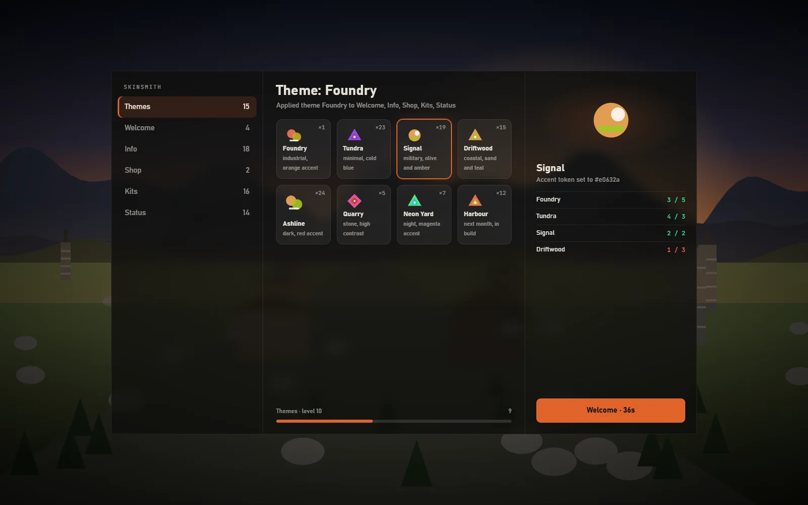 Themed kit menu panel showing kit cards with cooldown bars and item icons in the same industrial style, with a light variant swatch strip below